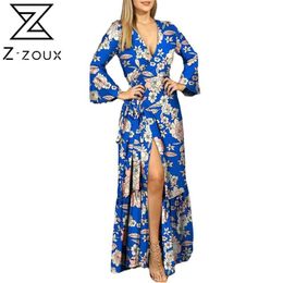 Women Dress V Neck Flare Sleeve Maxi Temperament Printed es High Waist Lace Up Plus Size Sexy es Summer 210513