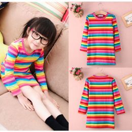 Pudcoco Girl Dress 2Y-7Y AU Sale Kids Baby Girls Rainbow Striped Dress Casual Long Sleeve Clothes Q0716