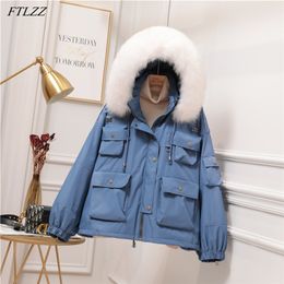 Winter Women Big Natural Fur Collar 90% White Duck Down Coat Safari Style Loose Purple Thick Warm Snow Parka Outwear 210430