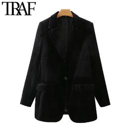 Women Fashion Office Wear Velvet Blazers Coat Vintage Long Sleeve Pockets Female Outerwear Chic Tops 210507