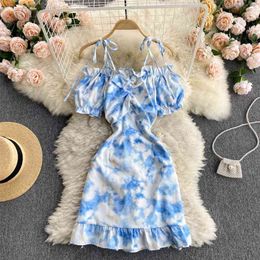 Summer Style Vestidos Female Pleated Fungus Side Word Collar Strapless Puff Sleeve Irregular Tie-dye Strap Mini Dress GK791 210507