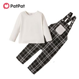 Arrival Spring and Autumn 2-piece Baby Toddler Solid Top Plaid Overalls Sets Children's Clothing 210528