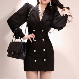 Elegant Double Breasted Sashes Women Mini Dress V-neck Slim Waist Black Work to Wear Female Short Vestidos femme 210603