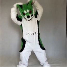 Mascot CostumesLong Fur Fox Dog Mascot Costume Xmas Green Furry Suits Party Game Fursuit Cartoon Dress Outfits Carnival Halloween Ad Clothes