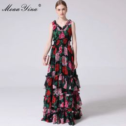 Fashion Designer Runway Dress Summer Women's V-neck Rose Floral-Print Ruffles Elastic waist Vacation Maxi Dresses 210524