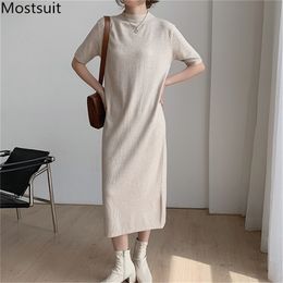 Autumn Korean Knitted Women Long Dress Short Sleeve O-neck Solid Fashion Basic Dresses Elegant Ladies Straight Vestidos 210513