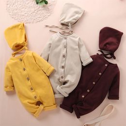 Spring Autumn Kids Boy Girl Long Sleeve Pure Color Rompers + Hat Infant Baby born Clothes 210429