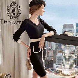 Dabuwawa Sexy Patchwork Knitted Women Dress V-Neck Pocket Bodycon Dress Office Street Autumn Winter Dress Ladies DT1DDR014 210520