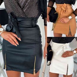 Sexy Women Black PU Leather Pencil Bodycon Skirt Clubwear Double Zipper High Waist Mini Short Belt White Khaki 210629