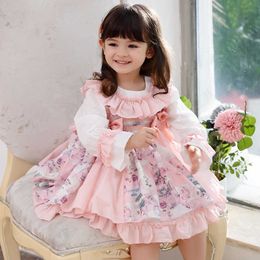 New Style Autumn Winter Long Sleeve Kids Dress for Girls Baby Ball Gown Vintage Print Lolita Bow Princess Party Wedding Vestidos Q0716