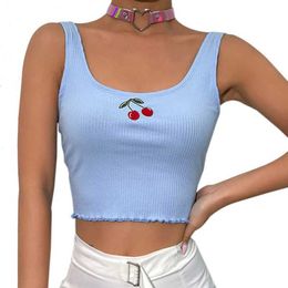 Cotton Ribbed Cherry Embroidery Tank Top Sweet Fashion Cropped Sleeveless Summer Top Vest Crop Tops Clothing 210527