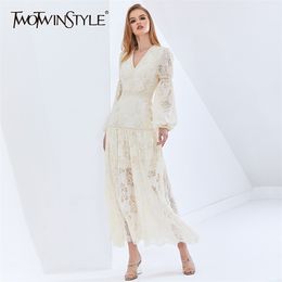 Vintage Patchwork Lace Perspective Dress For Female Lantern Sleeves High Waist Oversized Dresses 210520