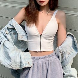 Lucyever Women Sexy zipper V-neck Crop tank tops Summer Fashion Sports Comfortable Tank woman Korean slim backless camis ladies 210521