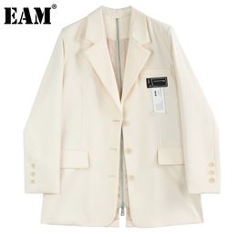 [EAM] Women Beige Big Size Patch Designs Zipper Blazer Lapel Long Sleeve Loose Jacket Fashion Spring Autumn 1DD7118 21512