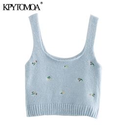 KPYTOMOA Women Fashion Floral Embroidered Cropped Knitted Blouses Vintage Sleeveless Straps Female Shirts Blusas Chic Tops 210323