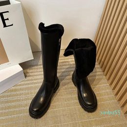 Boots Classic Thick Fur Autumn Winter Snow Soft Cow Leather Shoes Woman Knee High Heels Black Beige