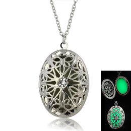 Pendant Necklaces Blue Green Oval Open With White Crystal Luminous Necklace Fluorescent Hollow Glow In The Dark For Women