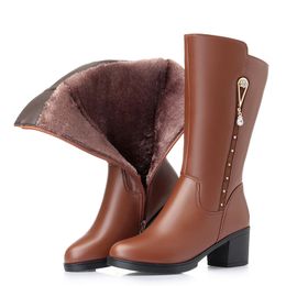 Womens Winter Boots Newly Genuine Leather Female Boots 41 42 43 Warm High-Heeled Wool Boots Women Trend Riding Ldays