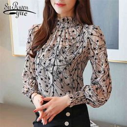 Autumn Spring Women Chiffon Blouses Casual Stand Collar Floral Women Clothing Long Sleeve Printed shirt Women Tops 6197 50 210323