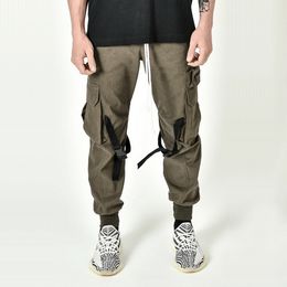 Men Fashion Drawstring Multi Pockets Straps Ankle Tied Cargo Pants Long Trousers