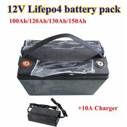 Waterproof 12V 100Ah 150Ah Lifepo4 battery pack BMS 4S for 1200w solar system motor home boat RV+10A charger