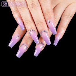 French Rhinestone Purple Ombre Fake Nails Ballerina Long Glossy Coffin Press on Nail False Tips Artificial Finger Manicure 24pcs