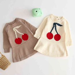 Autumn Winter Kids Dresses For Girls Princess Girl Cherry Pattern Long Sleeve Knit 210429