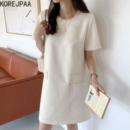 Korejpaa Women Dress Summer Korean Chic Ladies French Retro Round Neck Fringe Trim Design Loose Straight Tweed Vestidos 210526