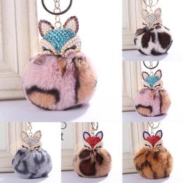 Mini Fox Fur Ball Keychain Handmade Fluffy Fur Cute Pompom Ball Key Rings Inlaid Rhinestone Lady Bag Accessories Car Pendant Xmas Gifts