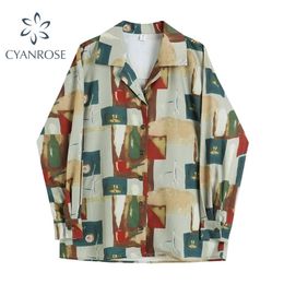 Vintage Women Button Long Sleeve Blouses Autumn Casual Loose Fashion Korean Single Breasted Print Femme shirts tops 210515