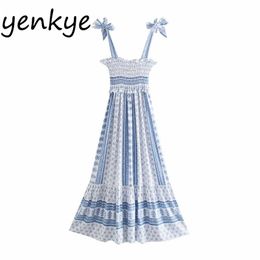 Summer Women Sexy Sling Long Dress Female Blue Printed White Sleeveless Party Dresses Maxi Vestido 210514