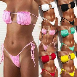 Women Ladies Sexy Plain Bandeau Swimwear Bandage Ruched Bikinis Set Bathing Suit Swimsuit 210722