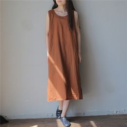 Johnature Summer 5 Colours Vintage Loose Dress Women Sleeveless Solid Colour O-neck Thin Simple Render Comfortable Dress 210521