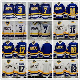 Stitched Brothers Slap Shot Charlestown Chiefs Hockey Jersey 16 Jack 17 Steve 18 Jeff Hanson 7 Francine Dunlop 3 Killer Vintage CCM Movie Blue White Jerseys