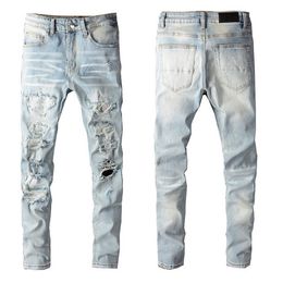 Top Quality Mens Jeans Latest Updat Diamond patch Designer Bags Men Biker Motorcycle Retor Plants Button Jean s Wholesale Slim-leg Denim Light Blue Pant W28-40