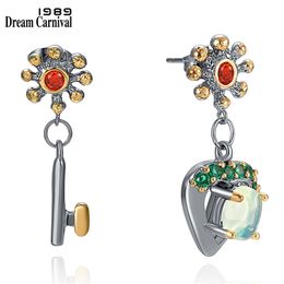 DreamCarnival1989 Delicate Feminine Earrings for Women Hanging Charm Key-Open-Heart Peacock Blue Zircon Dangle Jewelry WE4029+31 210317