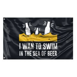 I Want To Swim In Sea Of Beer Flags Banners 3X5FT 100D Polyester Sports High Quality Vivid Colour With Two Brass Grommets