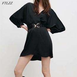 Spring Women Sexy V-neck High Waist Slim Solid Mini Dress Vintage Black Long Sleeve with Belt 210430