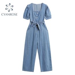 Summer Vintage Denim Jumpsuit Female With Belt Square Collar Casual Jeans Fashion Short-Sleeved Loose Pants Ladies 210515