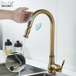 ELLEN Touch Control Kitchen Faucets Pull Out Antqiue Bronze Kitchen Mixer Tap Crane Sensor Faucet Cold Water EL902B 210719