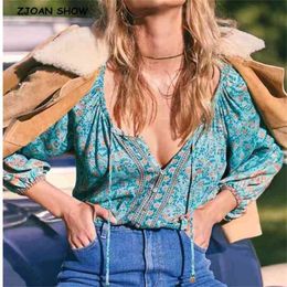 Bohemia Adjustable Rope O neck Floral Print Long Sleeve Shirt BOHO Holiday Women Single-Breasted Button Blouse Causal Tops Beach 210429