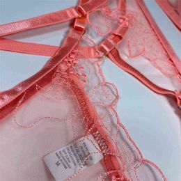 NXY sexy set Aduloty's New Pink Embroidered Women's Underwear Underwire Bra Thin Mesh See-Through Sexy Lingerie Garter Belt Thong Set 1128