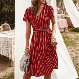 Vintage Striped Women Dress Sexy V-Neck Short Sleeve Knee-Length Ruffles Elegant Office Lady Dresses With Belt Plus Size W204 210526