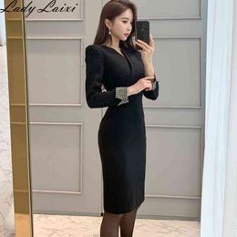 Elegant patchwork Colour office dress women long sleeve casual Autumn ladies es slim bodycon pencil for 210529