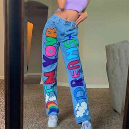 Cartoons Graphics Cute Letter Printed Baggy Women Jeans High Waisted Y2K Sweet Demin Pants Streetwear E-Girl Vintage 90s Bottom 210510