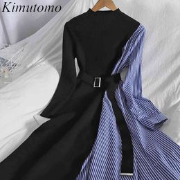 Kimutomo Elegant Patchwork Striped Dresses Women Korea Style Female Half Turtleneck Slim Waist Knitted Vestido Feminino 210521