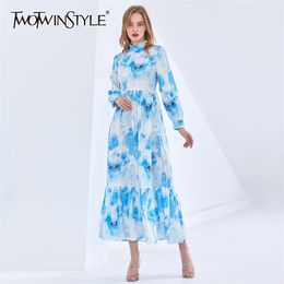 Print Tie Dye Dress For Women Stand Collar Long Sleeve High Waist Hit Colour Elegant Midi Spring Dresses Female 210520