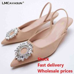Dress Shoes LMCAVASUN Spring sandals crystal floral women dress shoes low thin heel women slingbacks 220315