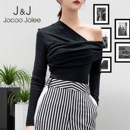 Jocoo Jolee Sexy One Shoulder Long Sleeve T Shirt Women Elegant Female Tee Shirt Casual Harajuku Slim Blouse Fashion 210518