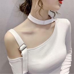 WWENN Women Short T-shirt Sexy Long Sleeve T-shirts Strap Off Shoulder Stitching Female Casual Slim T Shirts Crop Top Tees 210507